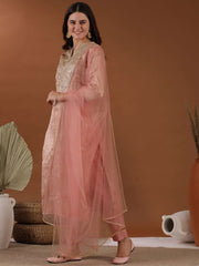 Pink Ethnic Motifs Woven Design Notched Neck Thread Work Kurta with Trousers & Dupatta