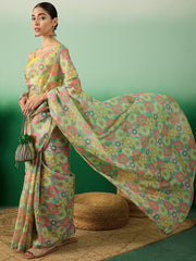 Yellow Floral Printed Saree With Blouse