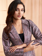 Mauve Floral Printed Lapel Collar Formal Tailored Jacket