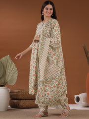 Beige Floral Printed Notched Neck Empire Gotta Patti A-Line Kurta Pants & Dupatta