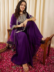 Purple Ethnic Motifs Embroidered Regular Sequined Kurti with Sharara & Dupatta