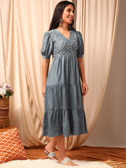 Grey Printed Flared Ethnic Maxi Gown Dresses