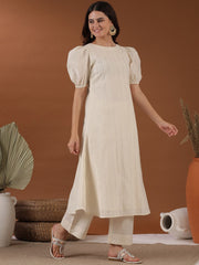 Off White Ethnic Motifs Embroidered Puffed Sleeves Thread Work A-Line Kurta with Palazzos