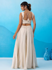 Cream Viscoce Beads Embroidered Crop Top with Flared Cape and Palazzo Set