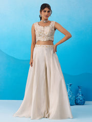 Cream Viscoce Beads Embroidered Crop Top with Flared Cape and Palazzo Set