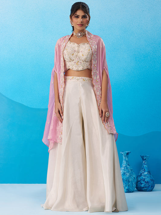 Cream Viscoce Beads Embroidered Crop Top with Flared Cape and Palazzo Set