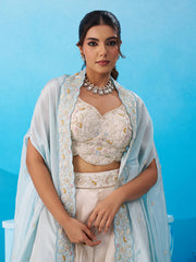 Cream Viscoce Beads Embroidered Crop Top with Flared Cape and Palazzo Set