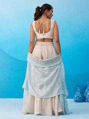 Cream Viscoce Beads Embroidered Crop Top with Flared Cape and Palazzo Set