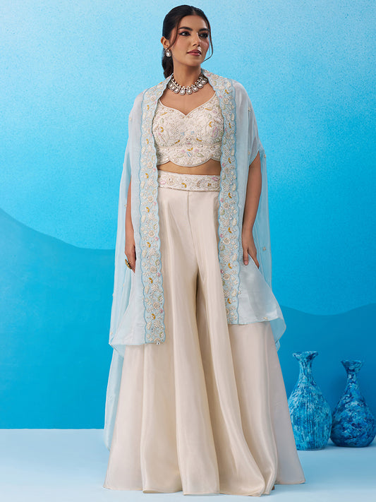 Cream Viscoce Beads Embroidered Crop Top with Flared Cape and Palazzo Set