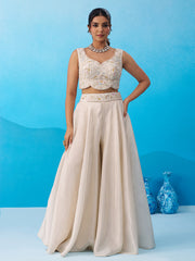 Cream Viscoce Beads Embroidered Crop Top with Flared Cape and Palazzo Set