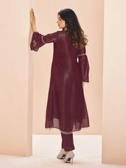 Floral Embroidered Regular Beads Work Organza A-Line Kurta With Trouser