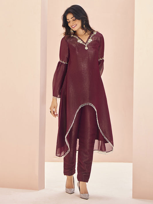 Floral Embroidered Regular Beads Work Organza A-Line Kurta With Trouser
