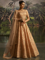 Peach Gota Silk Dori, Zarkan & Sequins Embroidered Wedding Lehenga