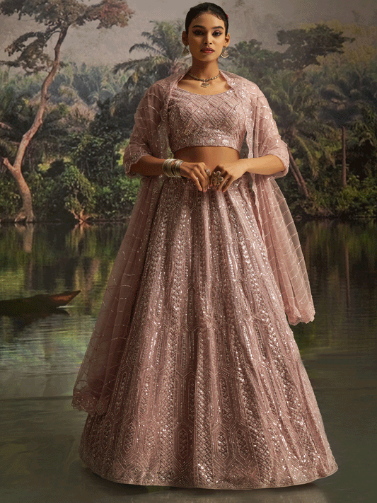 Mauve Soft Net Zarkan & Sequins Embroidered Engagement Lehenga