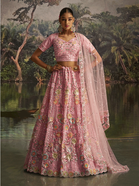Pink Soft Net Zarkan & Sequins Embroidered Wedding Lehenga