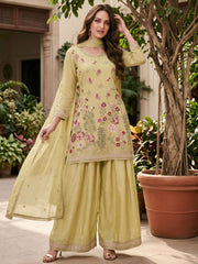 Yellow Chinon Embroidery Palazzo Style Kurta Set