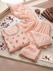 Peach Chinon Embroidery Palazzo Style Kurta Set
