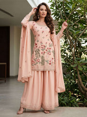Peach Chinon Embroidery Palazzo Style Kurta Set