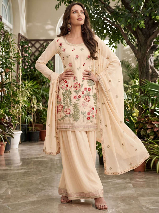 Cream Chinon Embroidery Palazzo Style Kurta Set