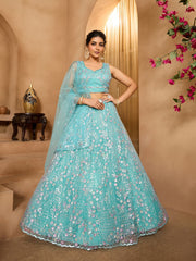 Seagreen Net Fabric Sequins embroidery Semi-Stitched Lehenga & Unstitched Blouse With Dupatta