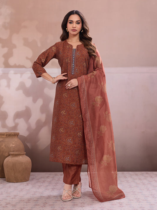 Women Ethnic Motifs Printed Regular Thread Work Chanderi Cotton Kurta with Trousers & With Dupatta