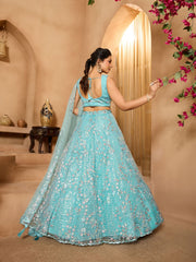 Seagreen Net Fabric Sequins embroidery Semi-Stitched Lehenga & Unstitched Blouse With Dupatta