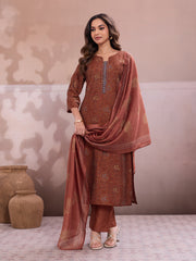 Women Ethnic Motifs Printed Regular Thread Work Chanderi Cotton Kurta with Trousers & With Dupatta
