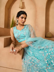 Seagreen Net Fabric Sequins embroidery Semi-Stitched Lehenga & Unstitched Blouse With Dupatta
