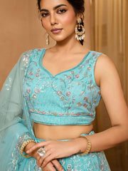 Seagreen Net Fabric Sequins embroidery Semi-Stitched Lehenga & Unstitched Blouse With Dupatta