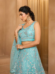 Seagreen Net Fabric Sequins embroidery Semi-Stitched Lehenga & Unstitched Blouse With Dupatta