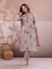Women Ethnic Motifs Printed Regular Thread Work Chanderi Cotton Kurta with Trousers & With Dupatta