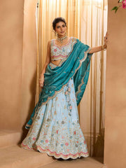 Turquoiseblue- Tissue Fabric Sequins embroidery Semi-Stitched Lehenga & Unstitched Blouse With Dupatta