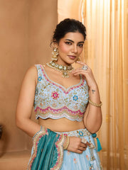 Turquoiseblue- Tissue Fabric Sequins embroidery Semi-Stitched Lehenga & Unstitched Blouse With Dupatta