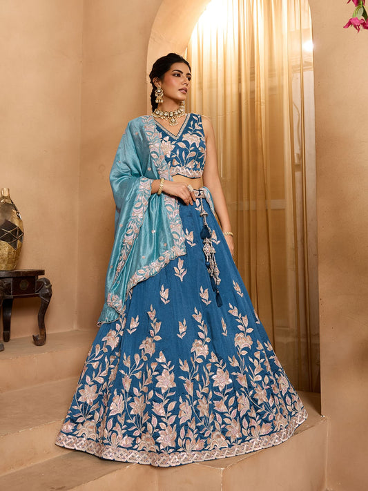 Teal Silk Fabric Sequins embroidery Semi-Stitched Lehenga & Unstitched Blouse With Dupatta