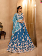 Teal Silk Fabric Sequins embroidery Semi-Stitched Lehenga & Unstitched Blouse With Dupatta