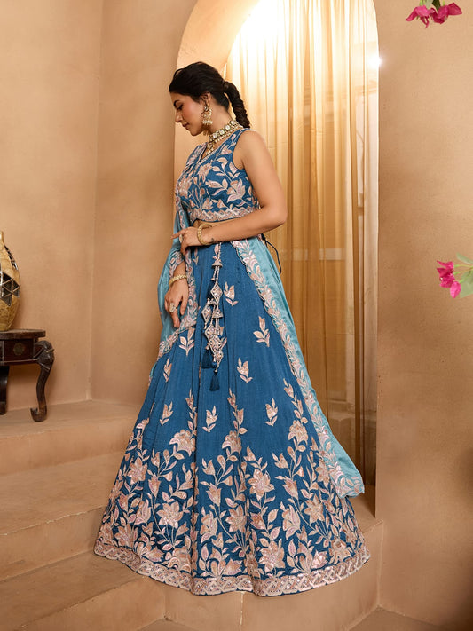 Teal Silk Fabric Sequins embroidery Semi-Stitched Lehenga & Unstitched Blouse With Dupatta