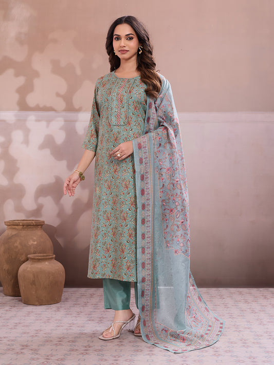 Women Ethnic Motifs Printed Regular Thread Work Chanderi Cotton Kurta with Trousers & With Dupatta
