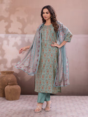 Women Ethnic Motifs Printed Regular Thread Work Chanderi Cotton Kurta with Trousers & With Dupatta