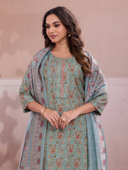 Women Ethnic Motifs Printed Regular Thread Work Chanderi Cotton Kurta with Trousers & With Dupatta