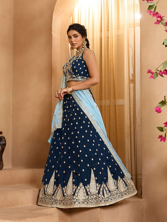 Navyblue Organza Fabric Sequins embroidery Semi-Stitched Lehenga & Unstitched Blouse With Dupatta
