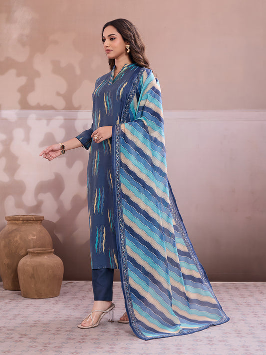 Women Printed Regular Thread Work Chanderi Cotton Kurta with Trousers & With Dupatta