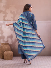 Women Printed Regular Thread Work Chanderi Cotton Kurta with Trousers & With Dupatta