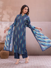 Women Printed Regular Thread Work Chanderi Cotton Kurta with Trousers & With Dupatta