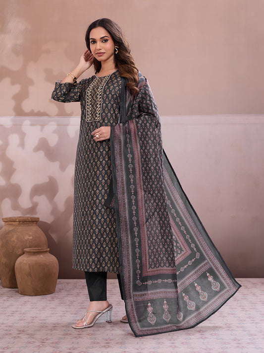 Women Ethnic Motifs Printed Regular Thread Work Chanderi Cotton Kurta with Trousers & With Dupatta