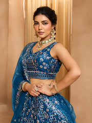 Navyblue Net Fabric Sequins embroidery Semi-Stitched Lehenga & Unstitched Blouse With Dupatta