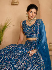 Navyblue Net Fabric Sequins embroidery Semi-Stitched Lehenga & Unstitched Blouse With Dupatta