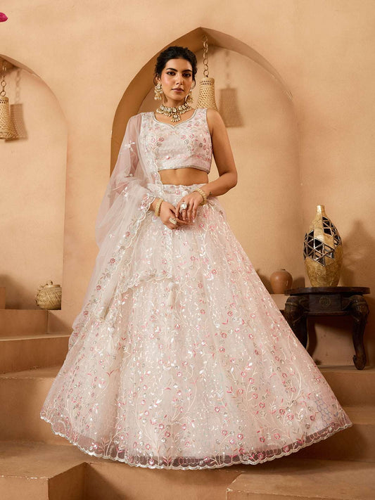 Cream Net Fabric Sequins embroidery Semi-Stitched Lehenga & Unstitched Blouse With Dupatta