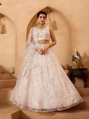 Cream Net Fabric Sequins embroidery Semi-Stitched Lehenga & Unstitched Blouse With Dupatta