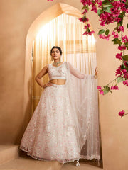 Cream Net Fabric Sequins embroidery Semi-Stitched Lehenga & Unstitched Blouse With Dupatta