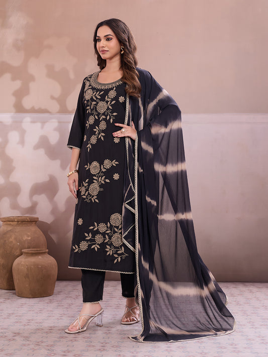 Women Ethnic Motifs Embroidered Regular Thread Work Chanderi Cotton Kurta with Trousers & With Dupatta